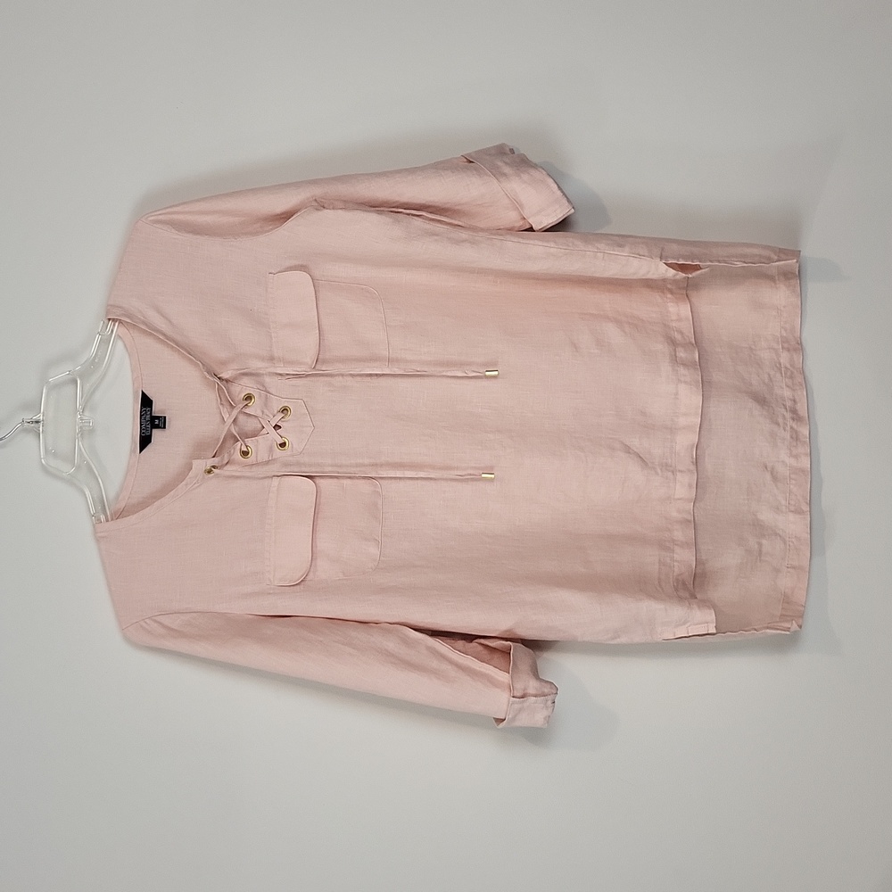 ELLEN TRACY COMPANY 100% Linen Peach Lace Up Roll Tab Tunic Top with Pockets